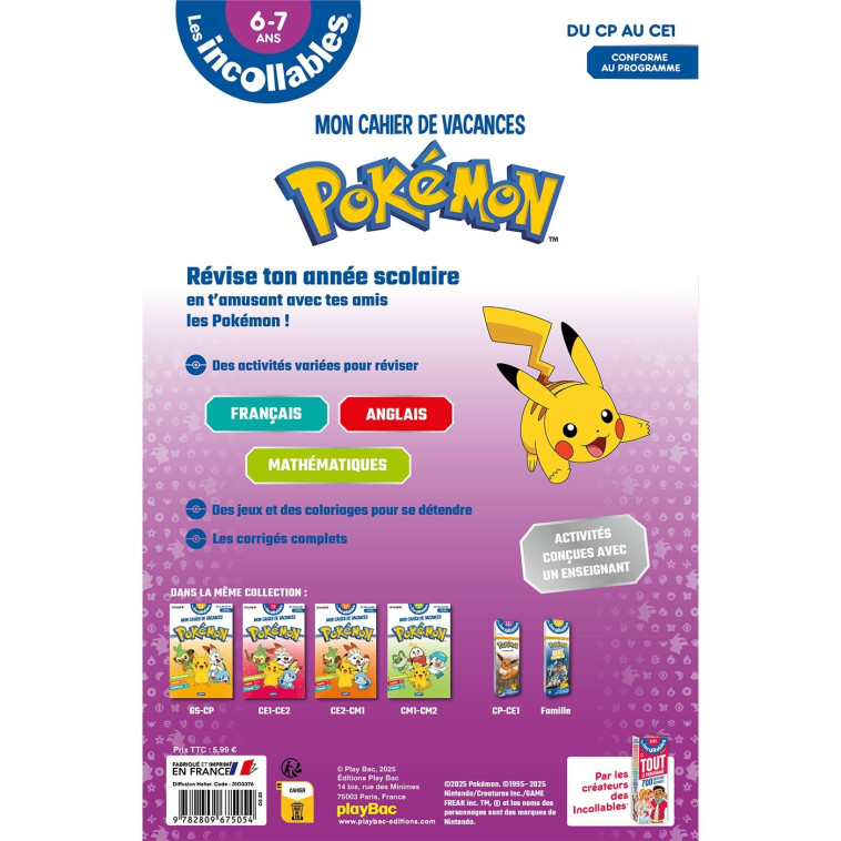 Cahier de vacances 2025 Pokémon - Les incollables - CP au CE1 - 6/7 ans - Play Bac Éditions Play Bac Éditions, Stéphanie Herbaut, Stéphanie Herbaut - PLAY BAC