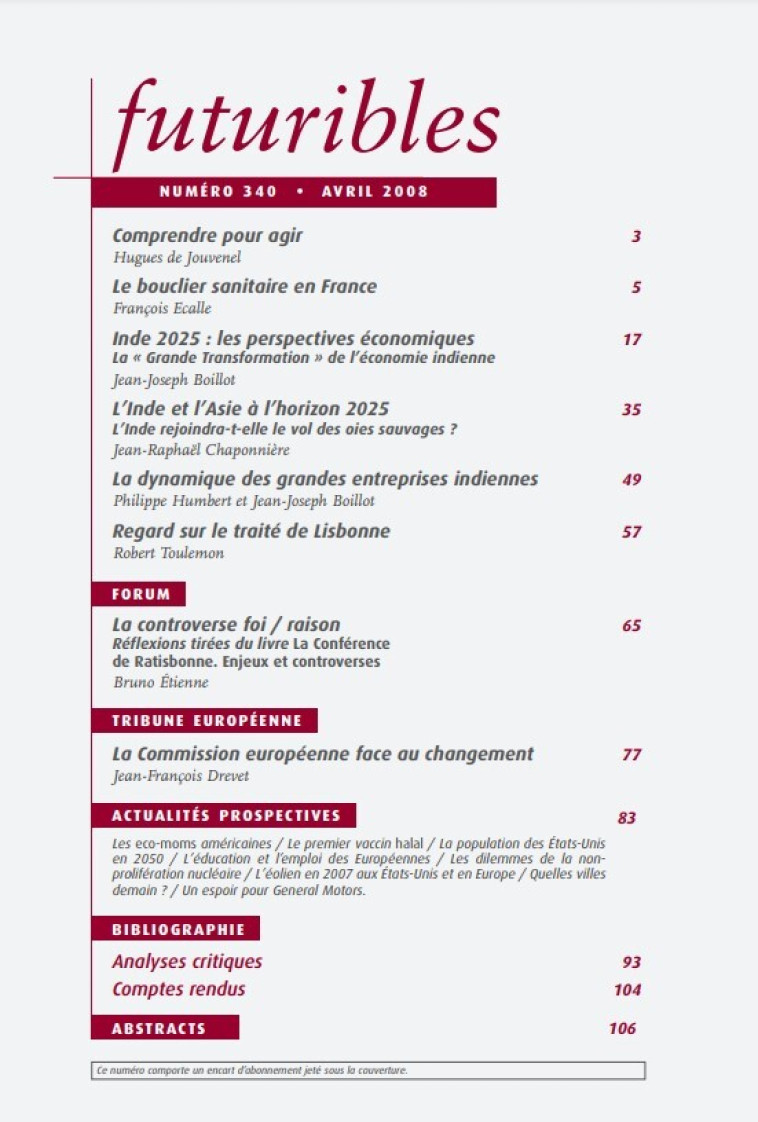 Futuribles 340, avril 2008. Inde 2025 : perspectives économiques -  Collectif, François Écalle , JEAN-JOSEPH BOILLOT, Jean-Raphaël Chaponnière, Philippe Humbert, Robert TOULEMON - FUTURIBLES