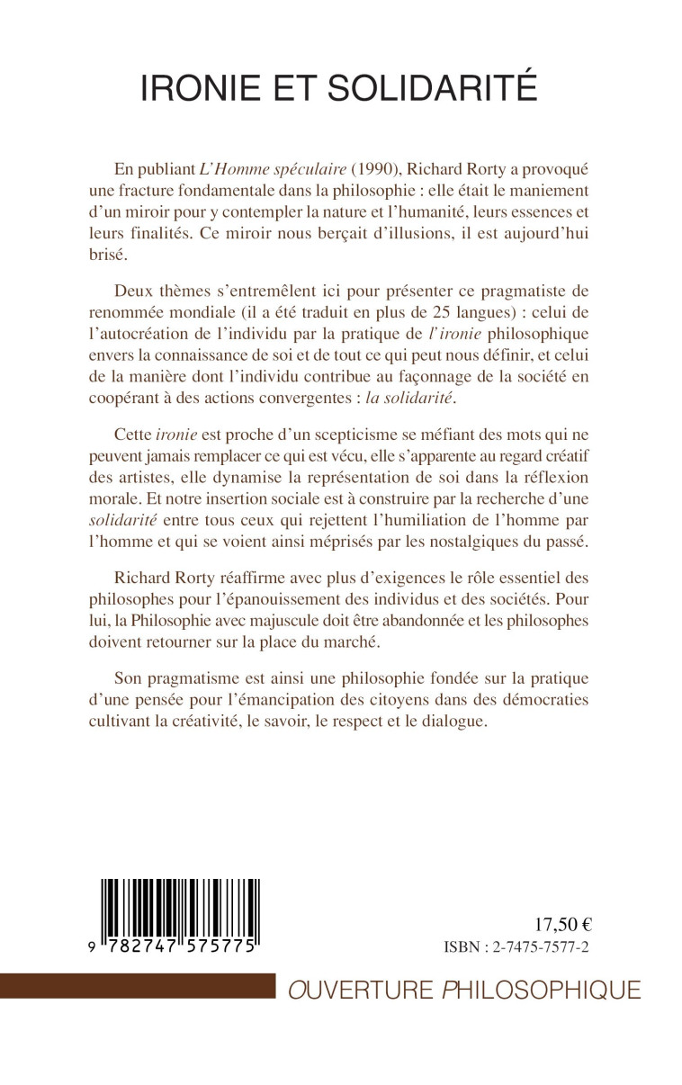 Ironie et solidarité - Marc Van Den Bossche - L'HARMATTAN