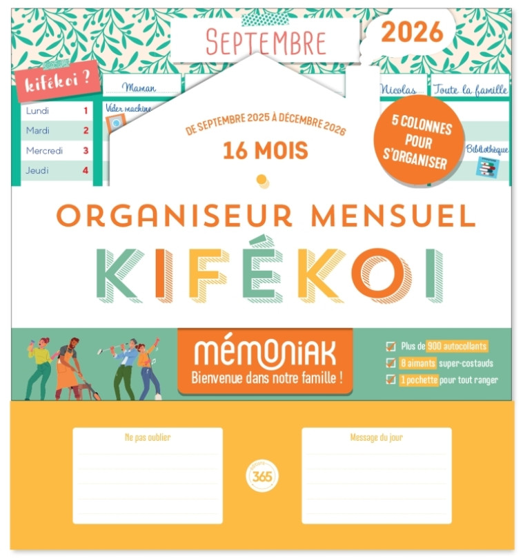 Organiseur calendrier mensuel aimanté Kifékoi sept. 2025-déc. 2026 par colonne -  - 365 PARIS