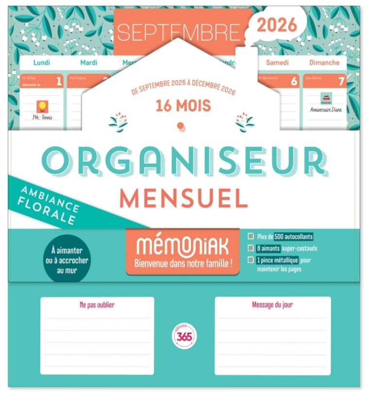 Organiseur calendrier mensuel aimanté sept. 2025-déc 2026 - Ambiance florale -  - 365 PARIS